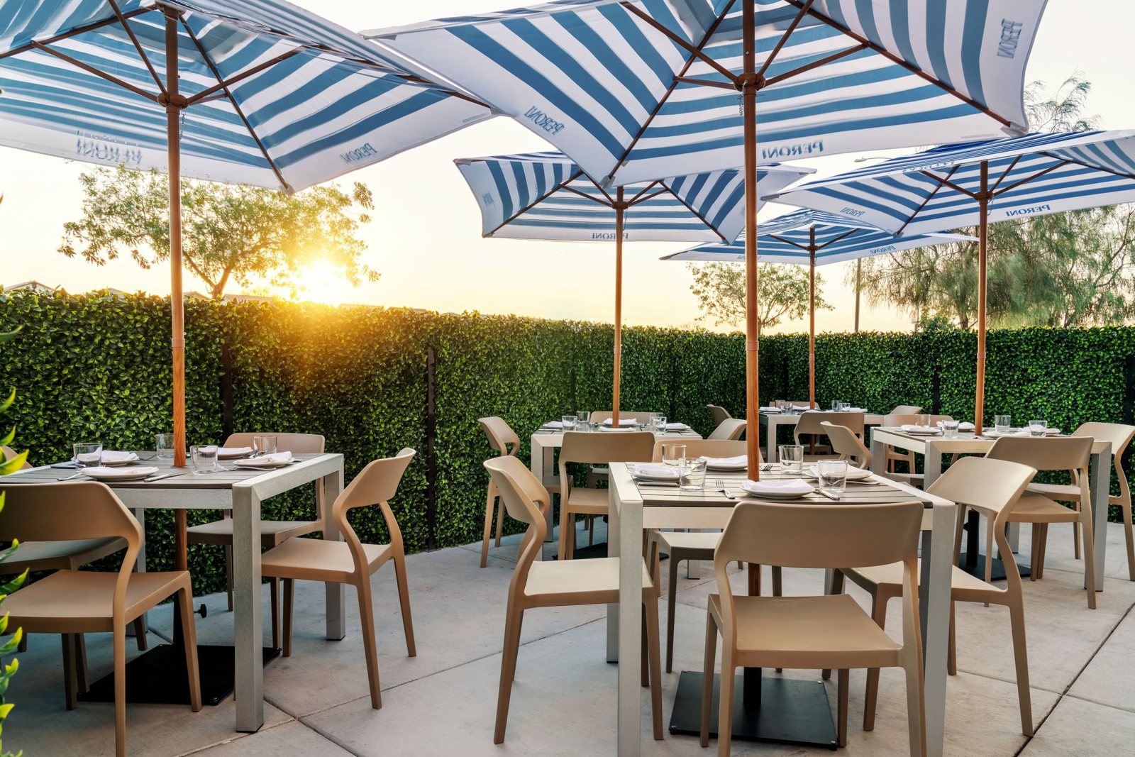 Sunset over the garden patio beneath striped umbrellas